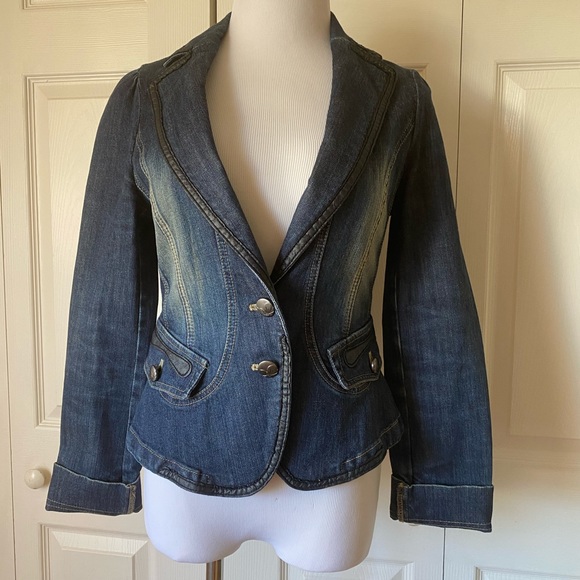 Joinus Denim and Faux Leather Puff Sleeve Blazer - Picture 2 of 8
